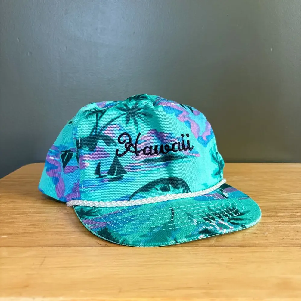 Vintage Hawaii Tropical Floral Teal Purple Rope Brim Snapback Hat
